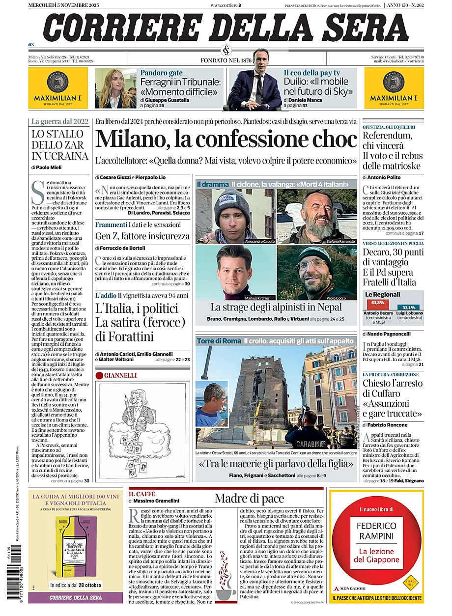 Prima pagina Corriere della Sera di oggi - Edicola 5 Novembre 2025