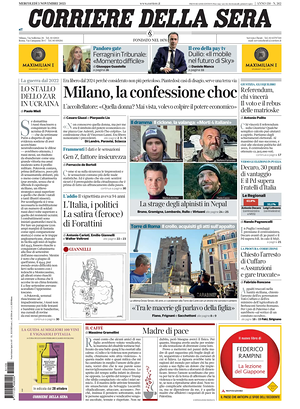Prima pagina Corriere della Sera di oggi - Quotidiano nazionale