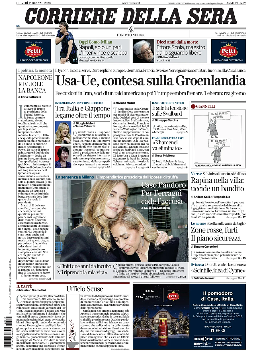 Prima pagina Corriere della Sera di oggi - Edicola 15 Gennaio 2026
