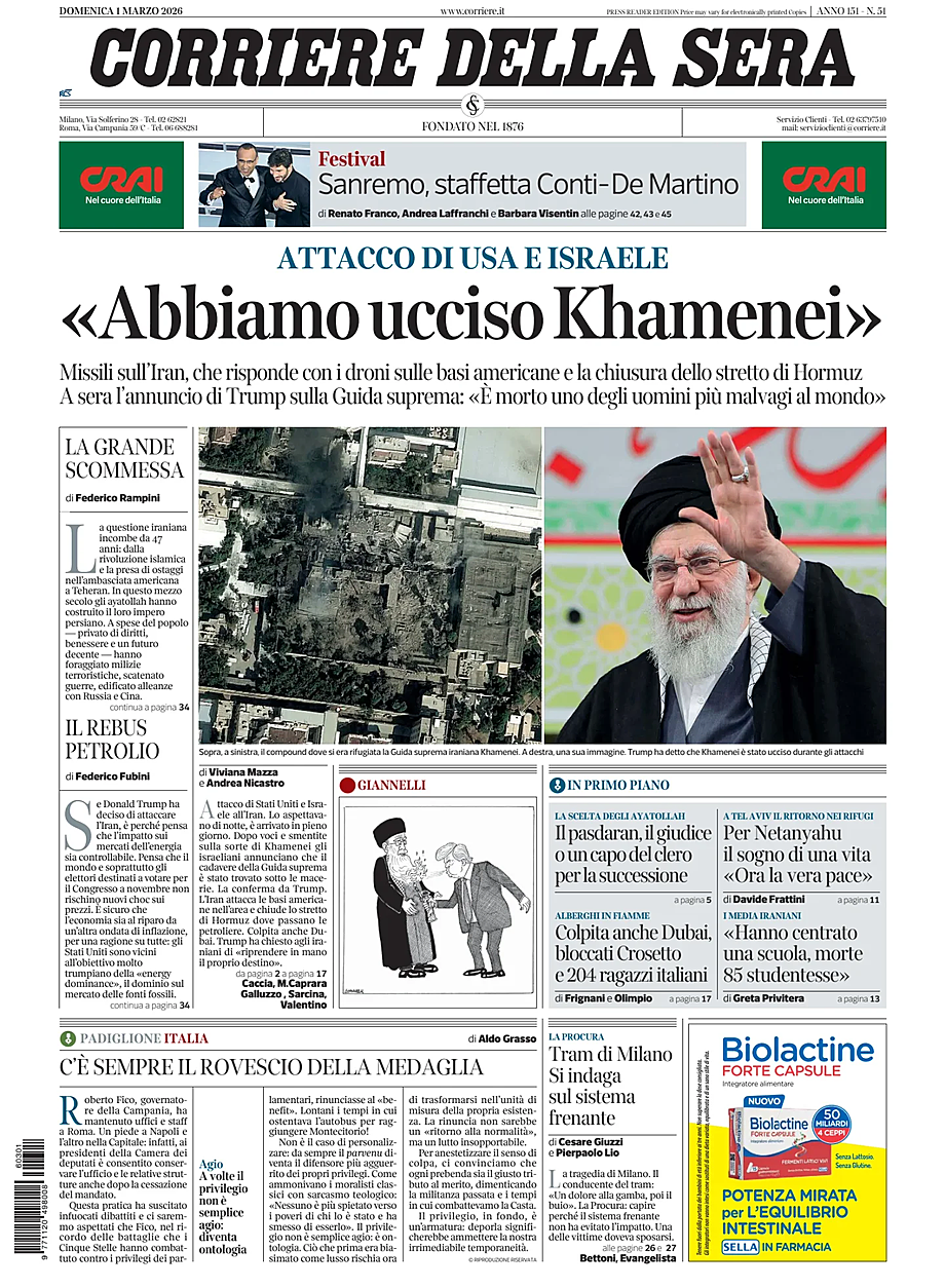 Prima pagina Corriere della Sera di oggi - Edicola 1 Marzo 2026