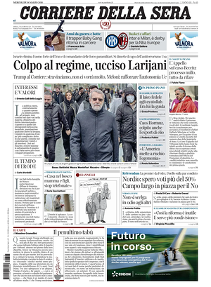 Prima pagina Corriere della Sera di oggi - Quotidiano nazionale