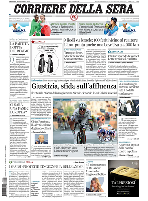 Prima pagina Corriere della Sera di oggi - Quotidiano nazionale