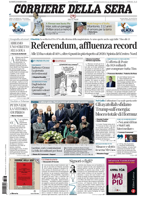 Prima pagina Corriere della Sera di oggi - Quotidiano nazionale