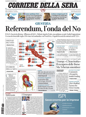 Prima pagina Corriere della Sera di oggi - Quotidiano nazionale