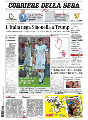 Prima pagina Corriere della Sera di oggi - Quotidiano nazionale