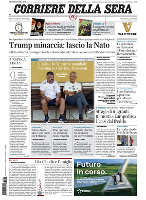 Prima pagina Corriere della Sera di oggi - Quotidiano nazionale