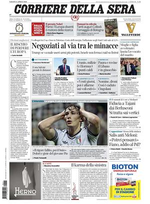 Prima pagina Corriere della Sera di oggi - Quotidiano nazionale