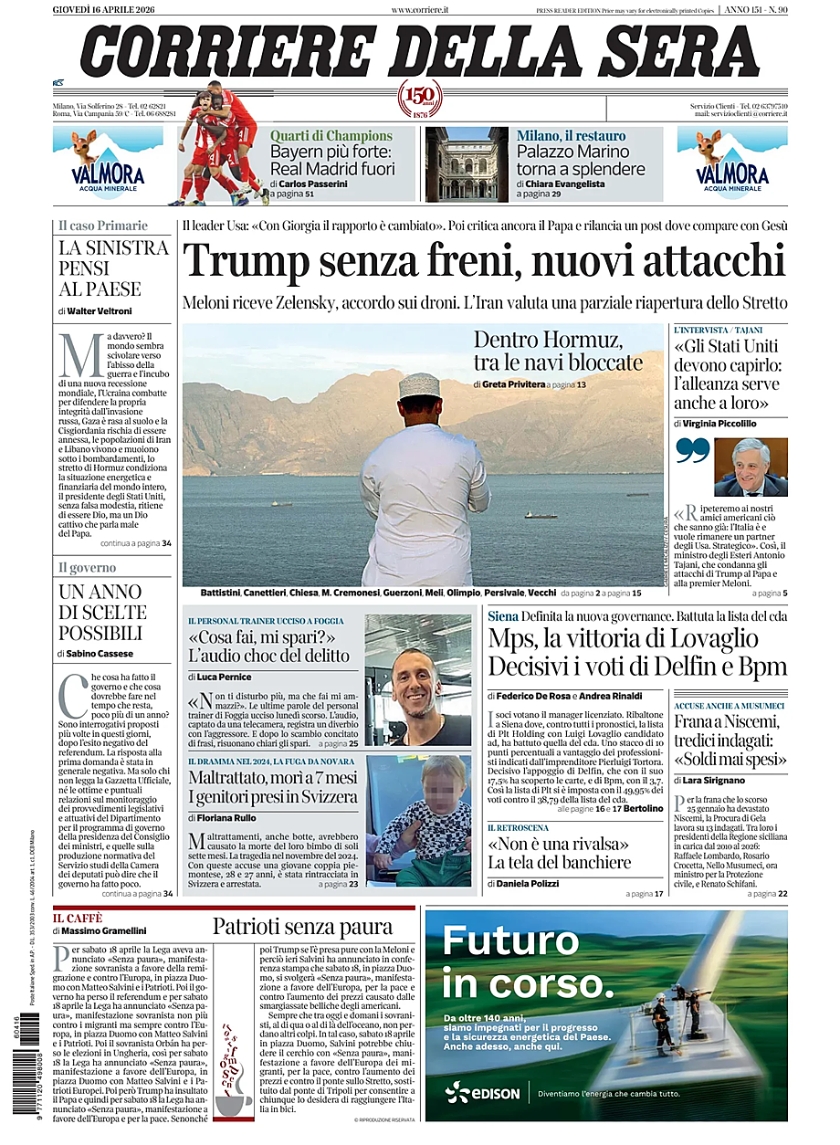 Prima pagina Corriere della Sera di oggi - Edicola 16 Aprile 2026