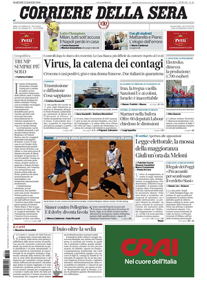 Prima pagina Corriere della Sera di oggi - Quotidiano nazionale