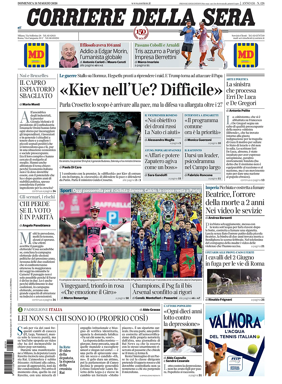 Prima pagina Corriere della Sera di oggi - Edicola 31 Maggio 2026