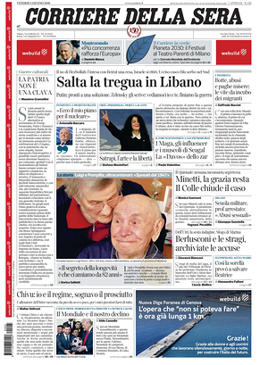 Prima pagina Corriere della Sera di oggi - Quotidiano nazionale