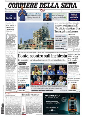 Prima pagina Corriere della Sera di oggi - Quotidiano nazionale