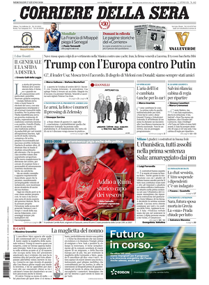 Prima pagina Corriere della Sera di oggi - Quotidiano nazionale