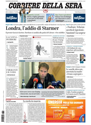 Prima pagina Corriere della Sera di oggi - Quotidiano nazionale