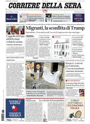 Prima pagina Corriere della Sera di oggi - Quotidiano nazionale