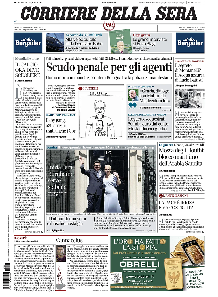Prima pagina Corriere della Sera di oggi - Edicola 21 Luglio 2026