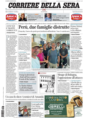 Prima pagina Corriere della Sera di oggi - Quotidiano nazionale