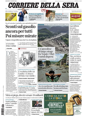 Prima pagina Corriere della Sera di oggi - Quotidiano nazionale