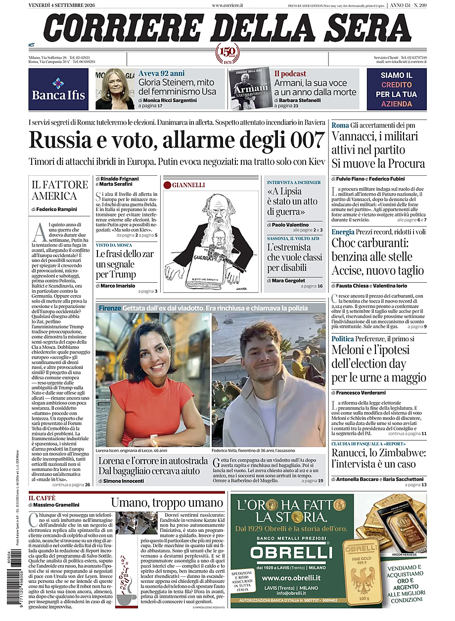 Prima pagina Corriere della Sera di oggi - Edicola 4 Settembre 2026