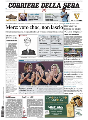 Prima pagina Corriere della Sera di oggi - Quotidiano nazionale
