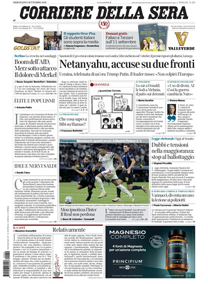 Prima pagina Corriere della Sera di oggi - Quotidiano nazionale