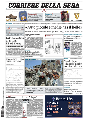 Prima pagina Corriere della Sera di oggi - Quotidiano nazionale