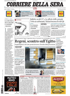 Prima pagina Corriere della Sera di oggi - Quotidiano nazionale