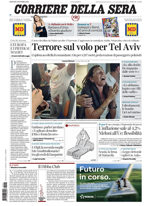 Prima pagina Corriere della Sera di oggi - Quotidiano nazionale