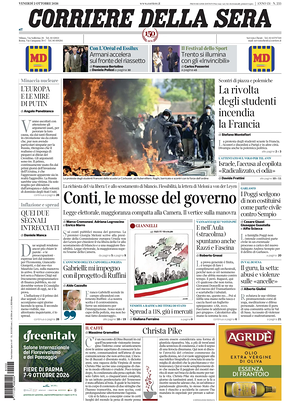 Prima pagina Corriere della Sera di oggi - Quotidiano nazionale