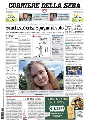 Prima pagina Corriere della Sera di oggi - Quotidiano nazionale