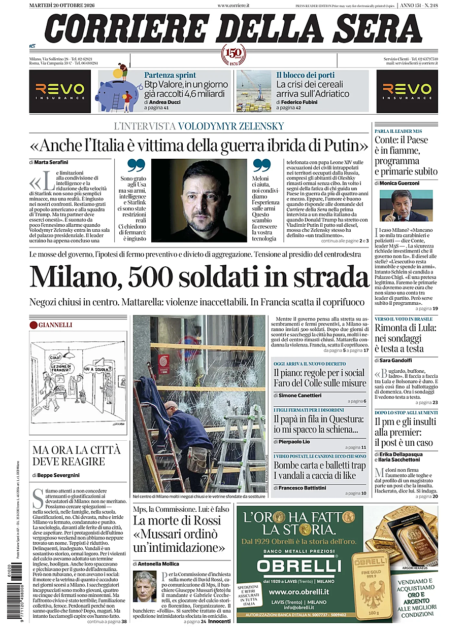 Prima pagina Corriere della Sera di oggi - Edicola 20 Ottobre 2026
