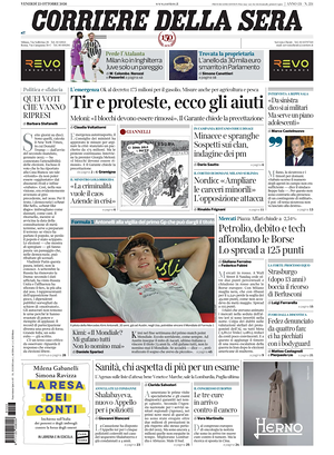 Prima pagina Corriere della Sera di oggi - Quotidiano nazionale