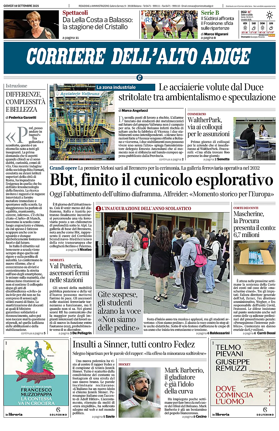 Prima pagina Corriere dell'Alto Adige di oggi - Edicola 18 Settembre 2025