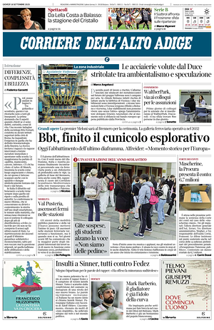 Prima pagina Corriere dell'Alto Adige di oggi - Quotidiano regionale