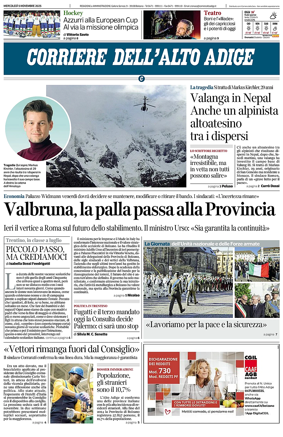Prima pagina Corriere dell'Alto Adige di oggi - Edicola 5 Novembre 2025
