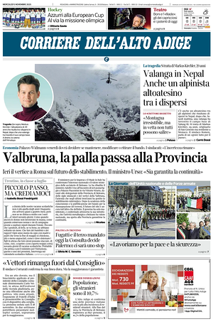 Prima pagina Corriere dell'Alto Adige di oggi - Quotidiano regionale