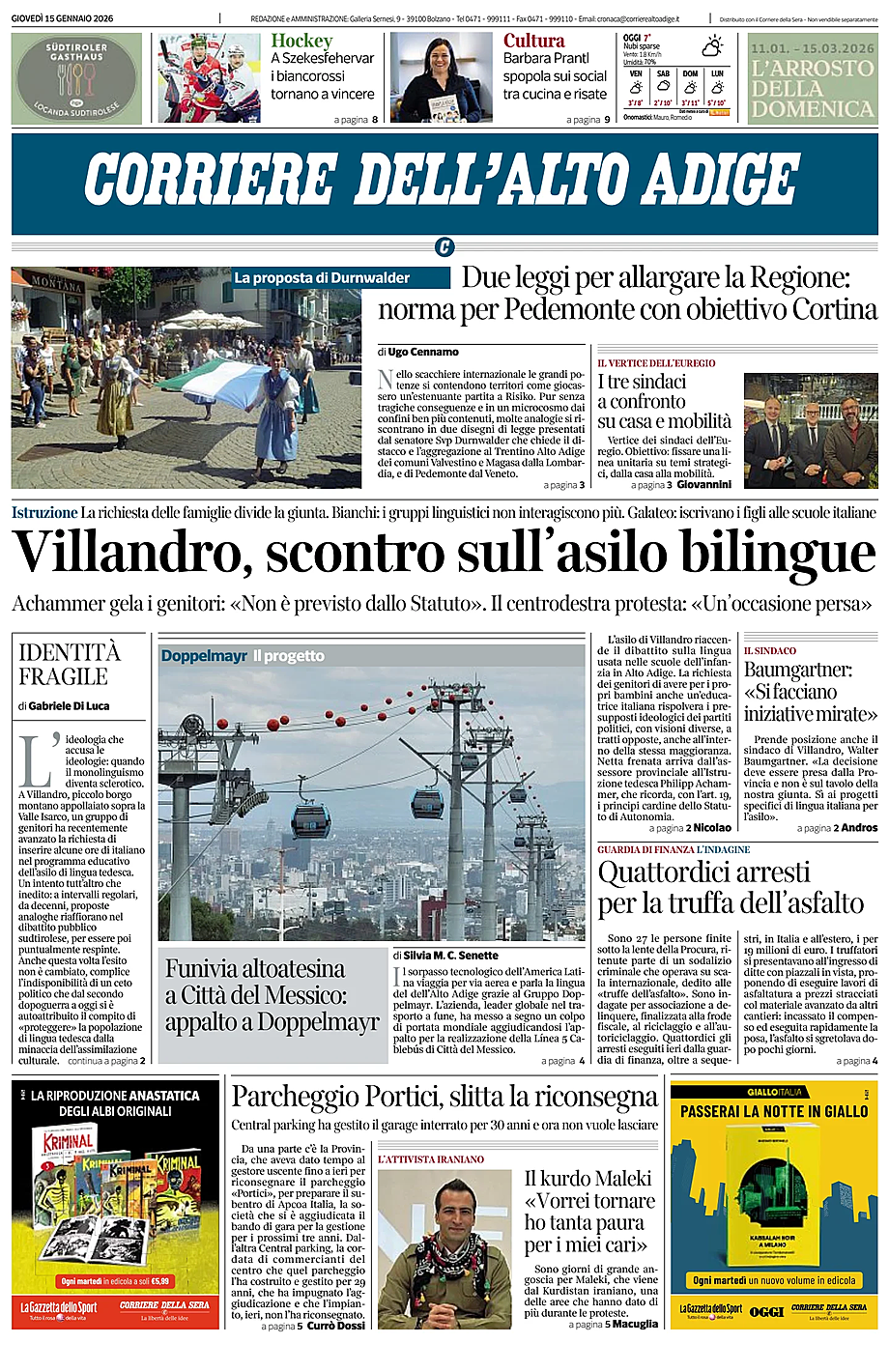Prima pagina Corriere dell'Alto Adige di oggi - Edicola 15 Gennaio 2026