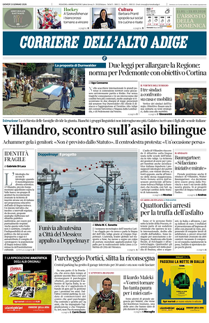 Prima pagina Corriere dell'Alto Adige di oggi - Quotidiano regionale