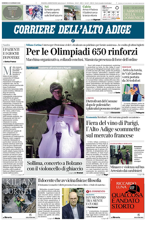 Prima pagina Corriere dell'Alto Adige di oggi - Quotidiano regionale