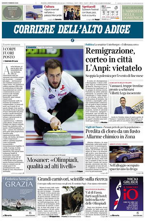 Prima pagina Corriere dell'Alto Adige di oggi - Quotidiano regionale
