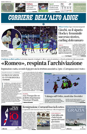 Prima pagina Corriere dell'Alto Adige di oggi - Quotidiano regionale