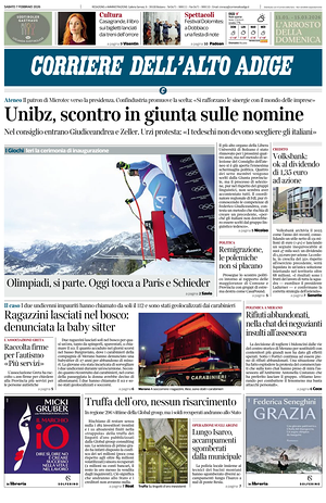 Prima pagina Corriere dell'Alto Adige di oggi - Quotidiano regionale