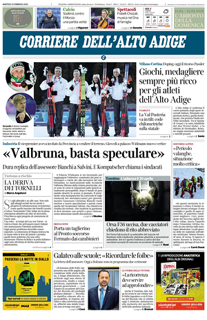 Prima pagina Corriere dell'Alto Adige di oggi - Quotidiano regionale