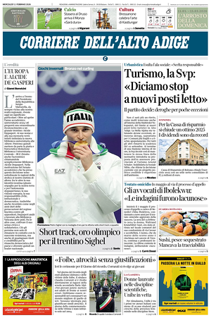Prima pagina Corriere dell'Alto Adige di oggi - Quotidiano regionale