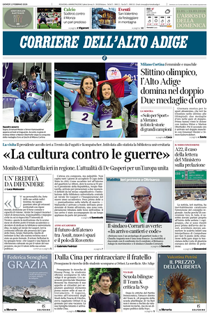 Prima pagina Corriere dell'Alto Adige di oggi - Quotidiano regionale