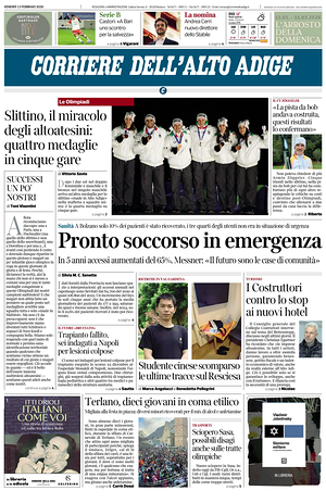 Prima pagina Corriere dell'Alto Adige di oggi - Quotidiano regionale