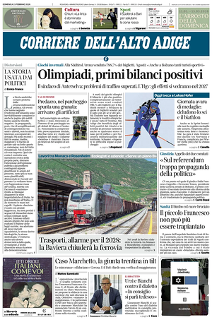 Prima pagina Corriere dell'Alto Adige di oggi - Quotidiano regionale