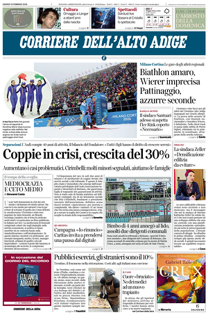 Prima pagina Corriere dell'Alto Adige di oggi - Quotidiano regionale