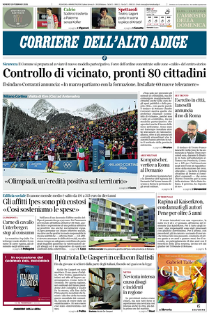Prima pagina Corriere dell'Alto Adige di oggi - Quotidiano regionale