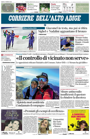 Prima pagina Corriere dell'Alto Adige di oggi - Quotidiano regionale